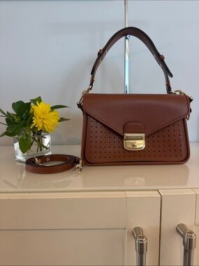 Longchamp Mademoiselle Perforated Shoulder Bag in cognac calfskin leather